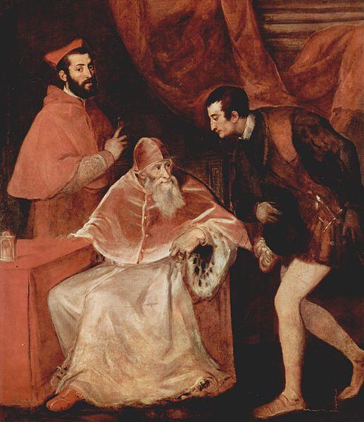 Titian Portrat des Papstes Paulus III mit Kardinal Alessandro Farnese und Herzog Ottavio Farnese.