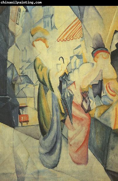 August Macke Bright Woman in front of the Hat Shop