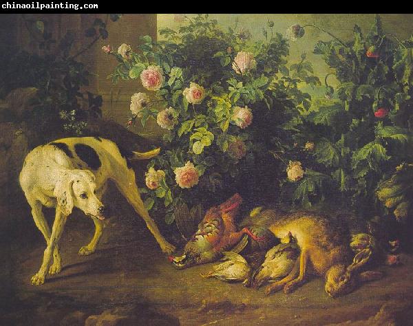 Francois Desportes Dog Guarding Game near a Rosebush