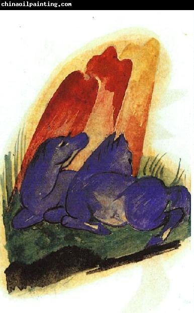 Franz Marc Two Blue Horses in front of a Red Rock