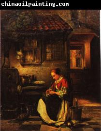 Henri Leys Woman Plucking a Chicken in a Courtyard