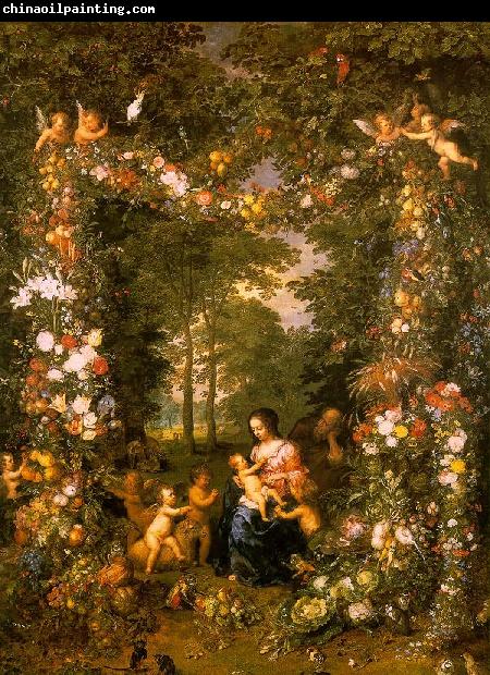 Jan Brueghel Holy Family in a Flower Fruit Wreath