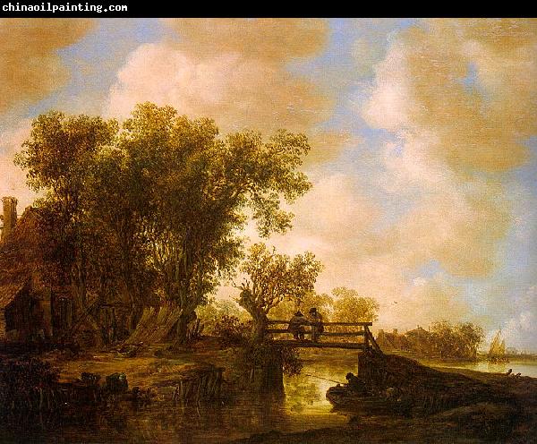 Jan van  Goyen Two Men on a Footbridge Over a Stream