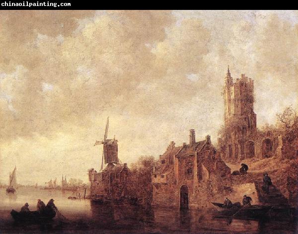 Jan van Goyen River Landscape with a Windmill and Ruined Castle