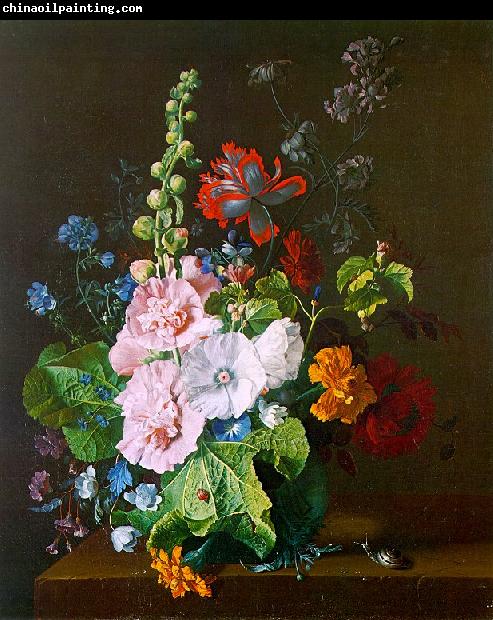Jan van Huysum Hollyhocks and other Flowers in a Vase