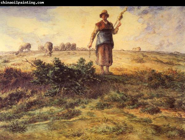 Jean-Franc Millet A Shepherdess and her Flock Watercolour heightened with white