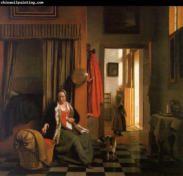 Pieter de Hooch Mother Lacing her Bodice Beside a Cradle