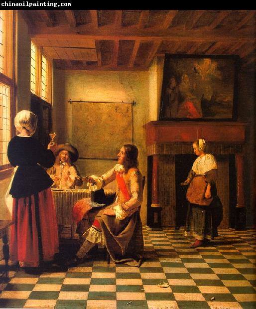 Pieter de Hooch Woman Drinking with Two Men and a Maidservant