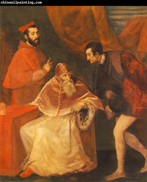 TIZIANO Vecellio Pope Paul III with his Nephews Alessandro and Ottavio Farnese ar