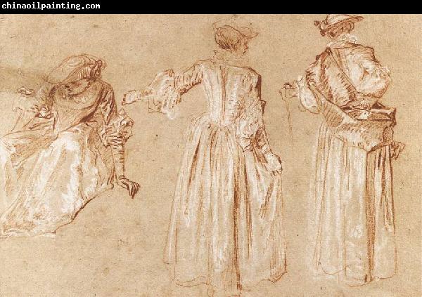 WATTEAU, Antoine Three Studies of a Lady with a Hat