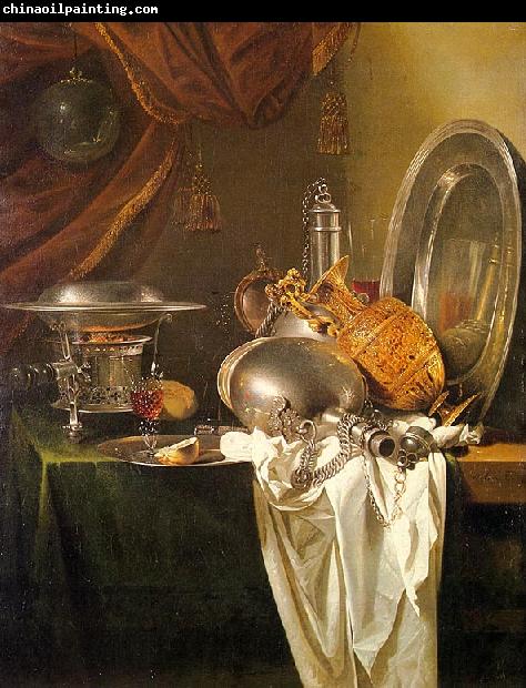 Willem Kalf Still Life with Chafing Dish, Pewter, Gold, Silver and Glassware