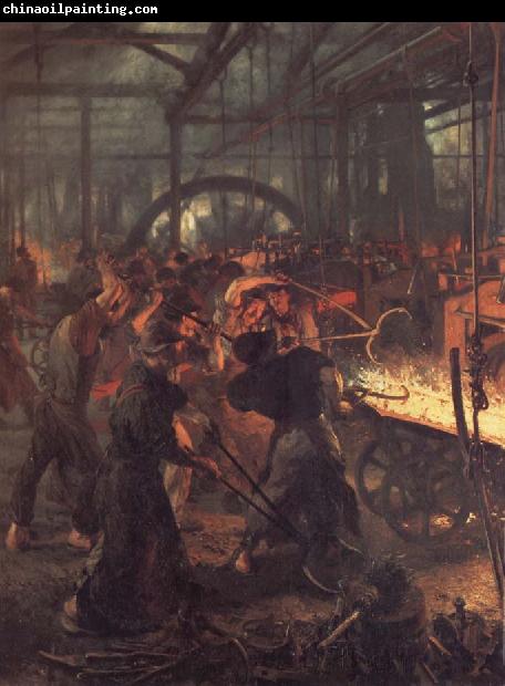 Adolph von Menzel Das Eisenwalzwerk,Ausschnitt:Einschieben des Blockes in das Walzwerk