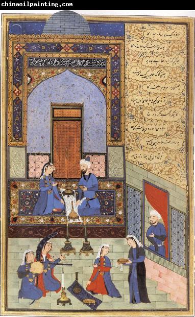 Ali She Nawat Prince Bahram-i-Gor,dressed in blue,listen to the tale of the Princess of the Blue Pavilion