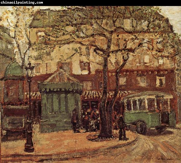 Grant Wood Greenish Bus in Street of Paris