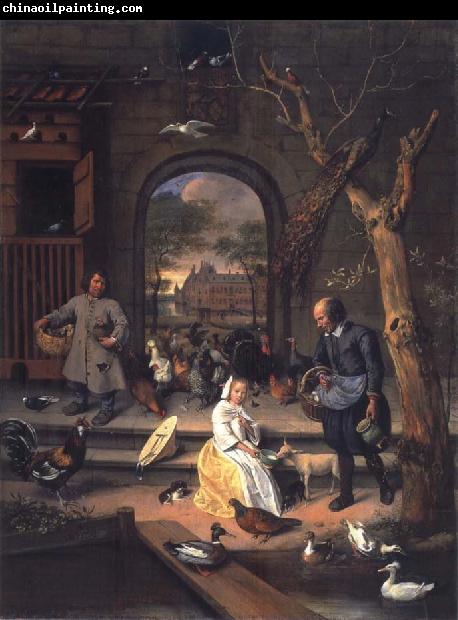 Jan Steen The Poultry yard,Probably a Portrait of Sernardina Margriet van Raesfelt Before Lokborst Caslt near Warmond