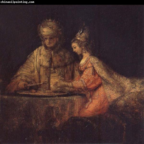 REMBRANDT Harmenszoon van Rijn Haman,Esther and Ahasuerus