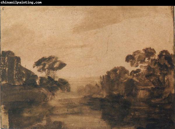 REMBRANDT Harmenszoon van Rijn River with Trees on its Embankment at Dusk