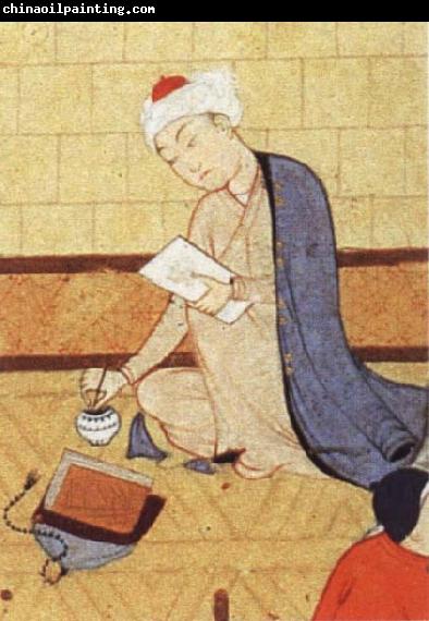 unknow artist Qays,the future Majnun,begins as a scribe to write his poem in honor of the theophany through Layli