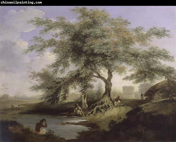 unknow artist Natives Drawing Water form a pond with Warren Hastings-House at Alipur in the Distance