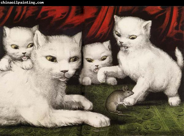 Currier and Ives Three little white kitties