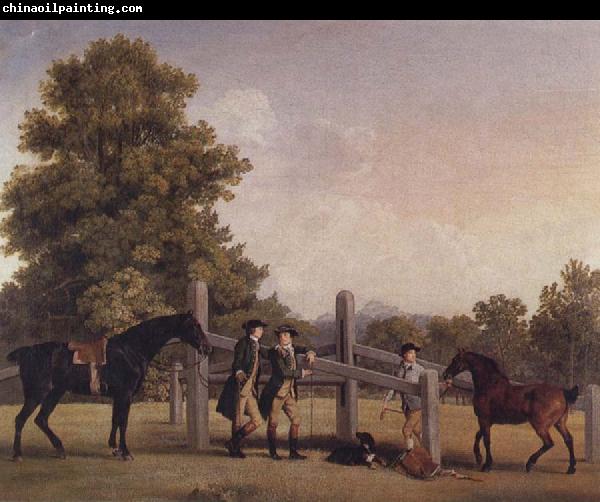 George Stubbs The Third Duke of Portand and his Brother,Lord Edward Bentinck,with Two Horses at a Leaping Bar