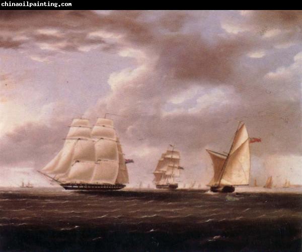 Thomas Buttersworth Two British frigates and a yawl passing off a coast