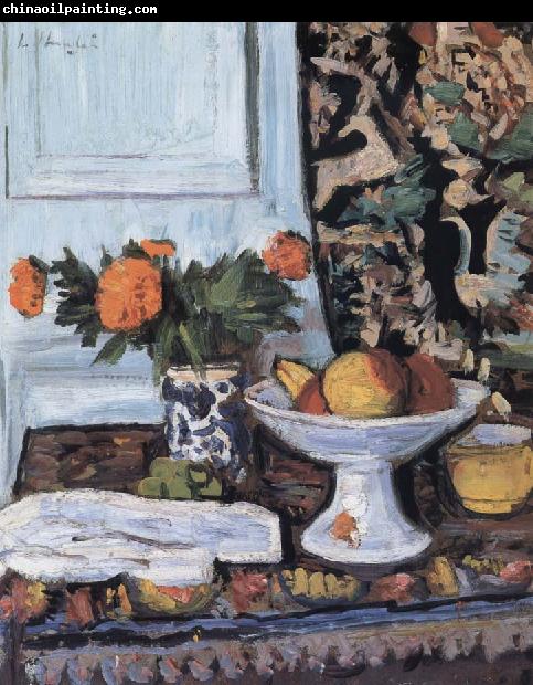 George Leslie Hunter Still Life with Fruit and Marigolds in a Chinese Vase