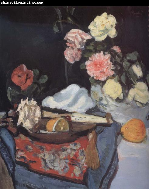 George Leslie Hunter Fruit and Flowers on a Draped Table