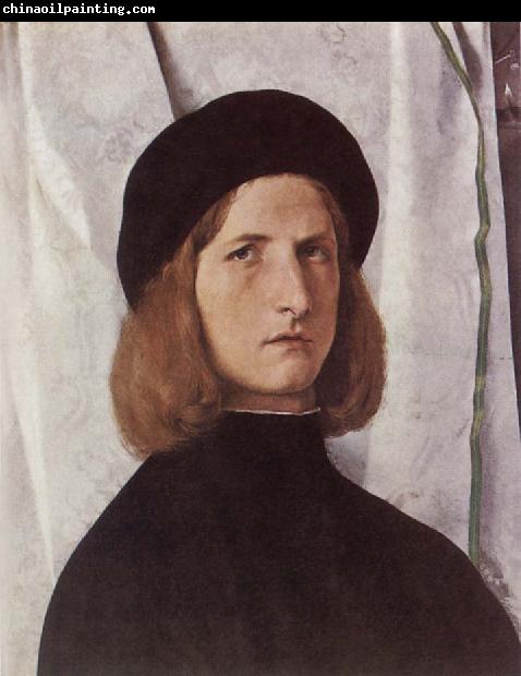 Lorenzo Lotto Portrat of a young man before a woman curtain