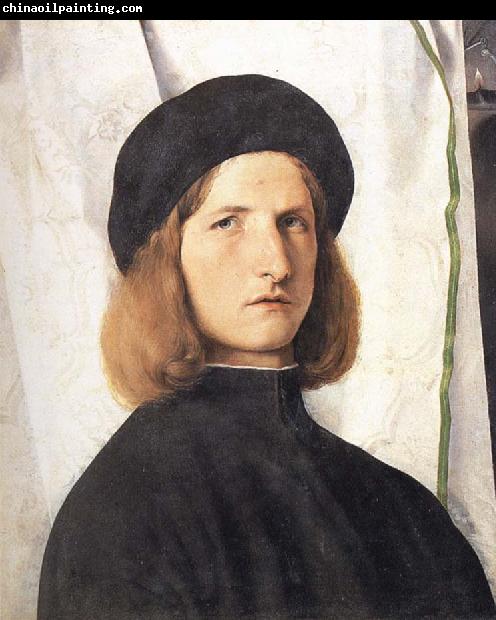 Lorenzo Lotto Portrait of a young man against a white curtain