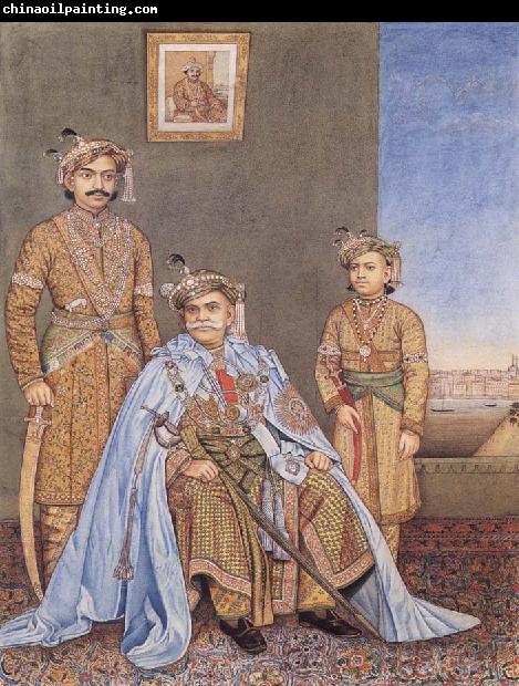 Madho Prasad,Ramnagar His Highness Ishwari Prasad Narayan Singh,Maharaia of Benares Seated,with Prabhu Narayan Singh and Aditya Narayan Singh Standing Behind as well as a p