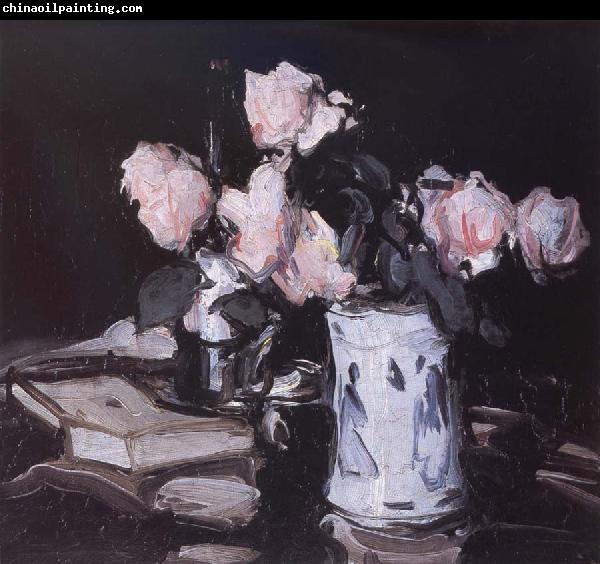 Samuel John Peploe Roses in a Blue and White Vase,Black Background