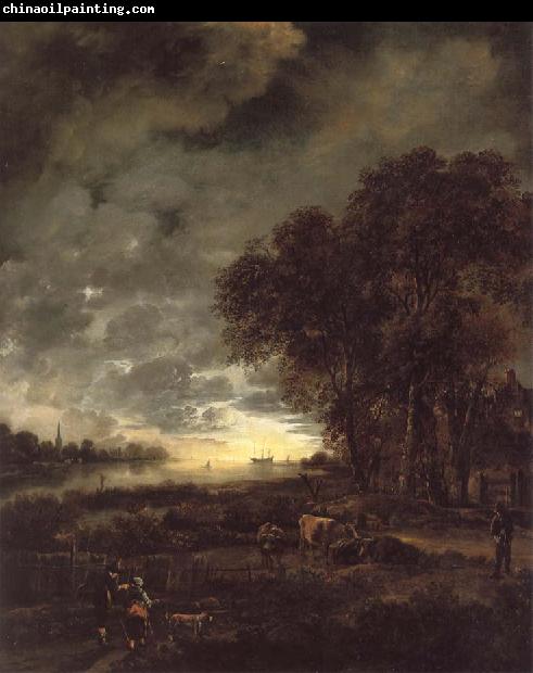 Aert van der Neer A Landscape with a River at Evening