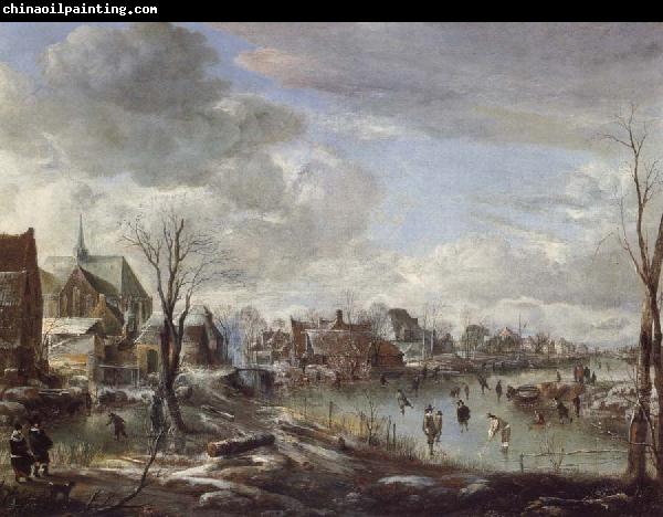 Aert van der Neer A Frozen River Near a Village,with Golfers and Skaters