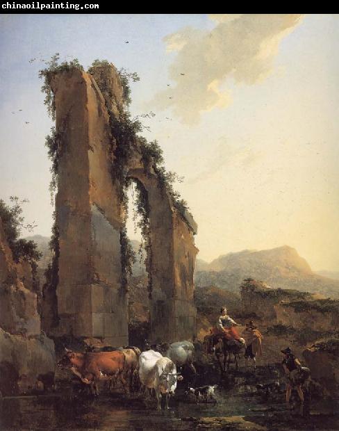 BERCHEM, Nicolaes Peasants with Four Oxen and a Goat at a Ford by a Ruined Aqueduct