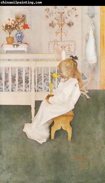 Carl Larsson Lisbeth in her night Dress with a yellow tulip