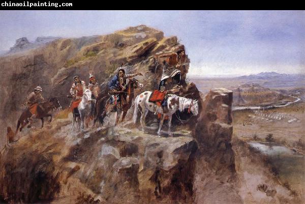 Charles M Russell Indians on a Bluff Surverying General Miles-Troops