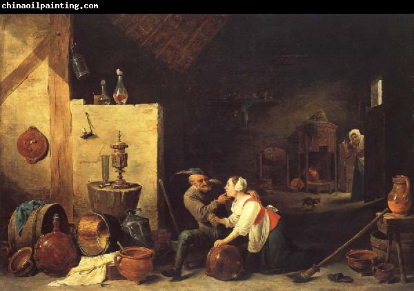 David Teniers An Old Peasant Caresses a Kitchen Maid in a Stable