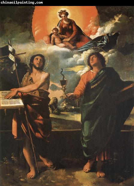 Dosso Dossi The Madonna in the glory with the Holy Juan the Baptist and Juan the Evangelist