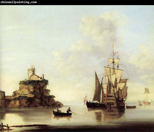 Francis Swaine An English two-deker and a Dutch barge at anchor off a coastal fort