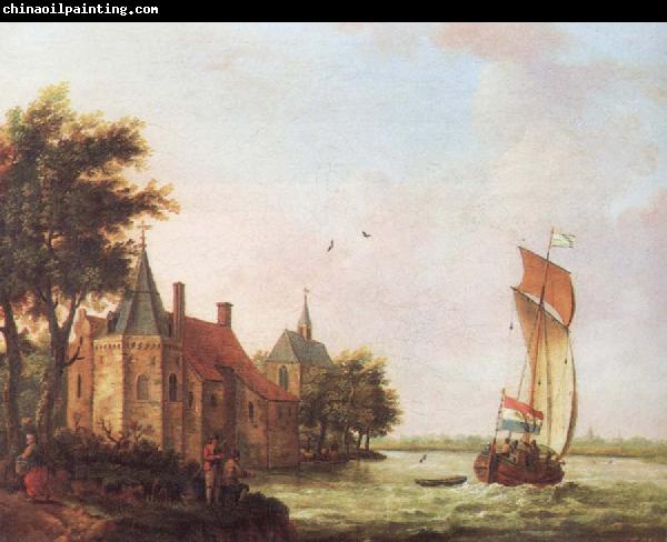 Francis Swaine A wooded river landscape in Hoolland with a Dutch hooder under sail in a brisk wind