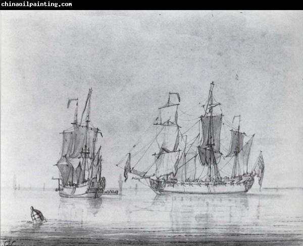 Francis Swaine A drawing of a small British Sixth-rate warship in two positions