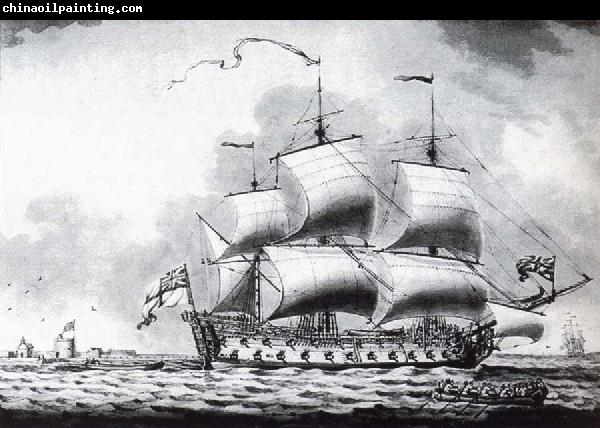 Francis Swaine A drawing of a British two-decker off Calshot Castle