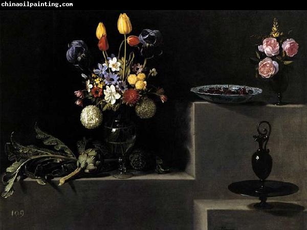 HAMEN, Juan van der Still Life with Flowers, Artichokes, Cherries and Glassware