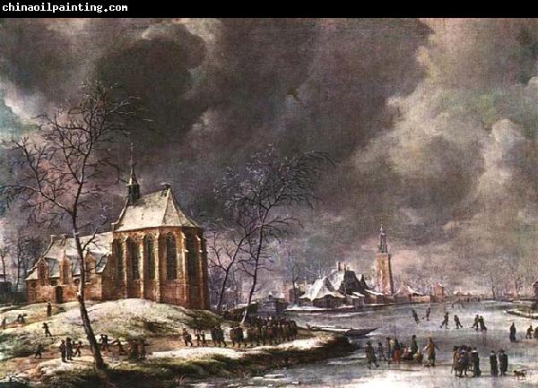 Jan Abrahamsz. Beerstraten Village of Nieukoop in Winter with Child Funeral