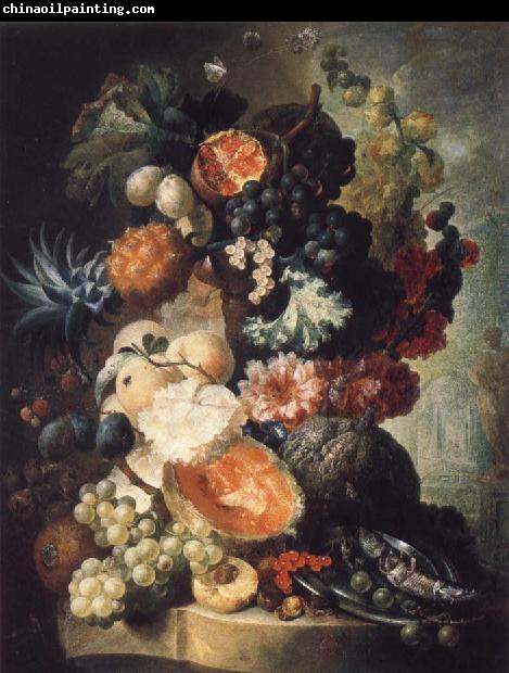 Jan van Os Fruit,Flwers and a Fish