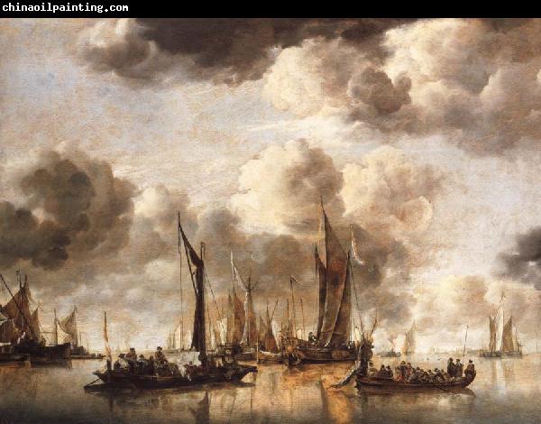 Jan van de Cappelle A Dutch Yacht Firing a Salute as a Barge Pulls Away and Many Small vessels at Anchor