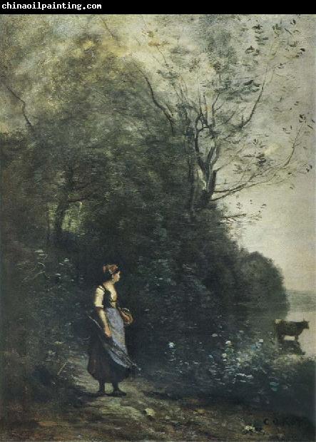 Jean Baptiste Camille  Corot Landscape with a peasant Girl grazing a Cow at the Edge of a Forest