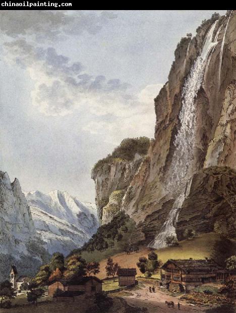 Johann Ludwig Aberli Fall d-eau apellee Staubbach in the Vallee Louterbrunnen