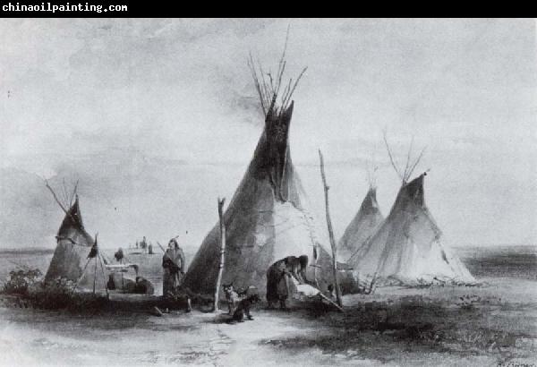 Karl Bodmer Lederzelte der Assiniboins nabe Fort